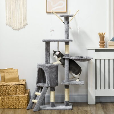 PawHut 53" Cat Tree Tower, Kitten Activity Centre with Scratching Posts, Condo, Perches, Ladder, Hammock, Dangling Toys, Grey