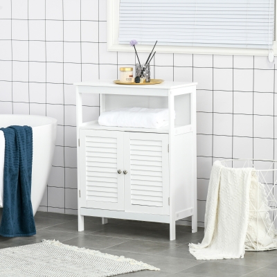 kleankin Bathroom Floor Storage Cabinet, Freestanding Bathroom Cabinet with Shutter Doors, Open Shelf and Adjustable Shelf, White