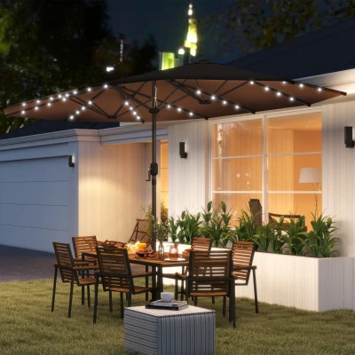Outsunny Double-Sided Patio Umbrella with LED Lights, Coffee