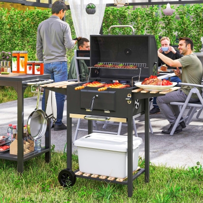 Outsunny 20" Charcoal BBQ Grill Barbecue on Wheels with Adjustable Charcoal Pan, Spacious Cooking Area, 3 Shelves, Thermometer