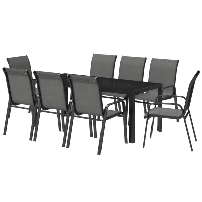 Outsunny 9 Pieces Patio Set with Stackable Chairs, Patio Dining Set with Glass Top for Garden, Patio, Backyard, Grey