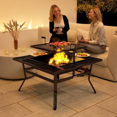 Outsunny Square Outdoor Fire Pit Firepit with Adjustable Grill Grate, Wood Fire Pit with Adjustable Foot Pads, Outer Ledge, Poker for Backyard Bonfire Picnic, Black