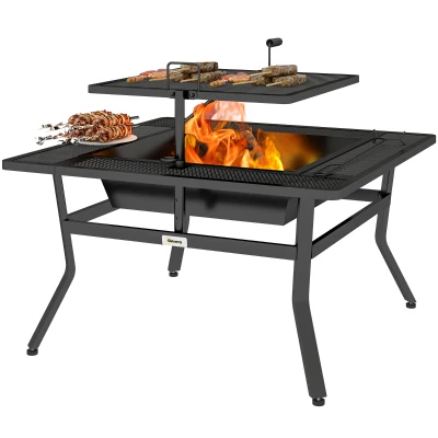 Outsunny Square Outdoor Fire Pit Firepit with Adjustable Grill Grate, Wood Fire Pit with Adjustable Foot Pads, Outer Ledge, Poker for Backyard Bonfire Picnic, Black