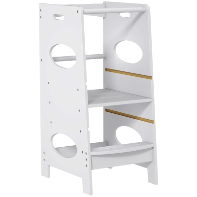 HOMCOM Toddler Tower Kitchen Helper with 3-Level Adjustable Height, Heavy-Duty Kids Step Stool with Safety Rail, Grey