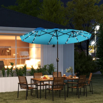 Outsunny 9.7' Double-Sided Patio Umbrella w/ LED Solar Lights, Blue