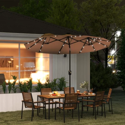 Outsunny 9.7' Double-Sided Patio Umbrella with LED Lights, Coffee
