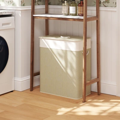 HOMCOM Bamboo Double Laundry Hamper with Lid & Removable Liner, Natural