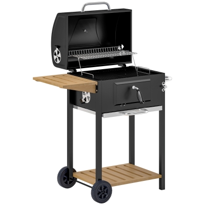 Outsunny Portable Charcoal BBQ Grill with Side Table & Storage, Black