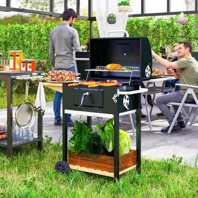 Outsunny Portable Charcoal BBQ Grill with Side Table & Storage, Black