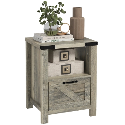 HOMCOM Farmhouse Side Table with Storage, Gray Oak