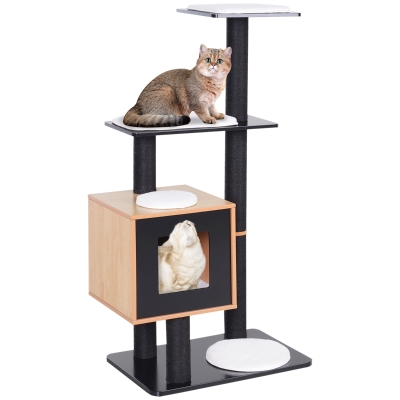 PawHut 47.2" Cat Tree, Kitten Scratcher, Activity Center, Play House with Condo Sisal, Scratching Post, and Mat, Black