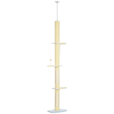 PawHut 87"-102" Floor to Ceiling Cat Tree w/ Sisal Scratching Posts, Anti-tip Kit, Perches, Toy Ball, Yellow