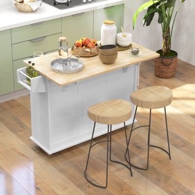 HOMCOM Kitchen Island with Drop Leaf, Rolling Kitchen Cart on Wheels with 3 Drawers, Cabinet, Natural Wood Top, Spice Rack and Towel Rack, White