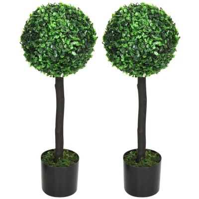 HOMCOM 2ft Artificial Plants Boxwood Ball Trees Set of 2 Fake Trees in Pot for Indoor Outdoor Green