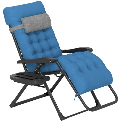 Outsunny Padded Folding Recliner Chair, Patio Lounger with Cupholder, Adjustable Backrest, Removable Cushion, Navy Blue
