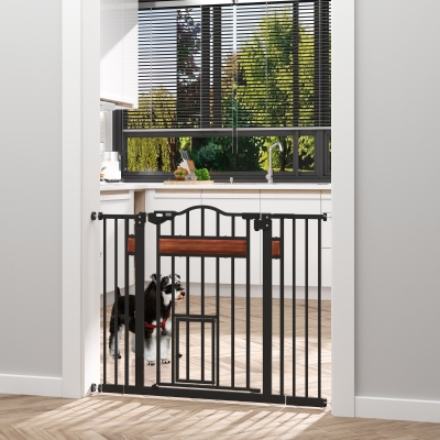 PawHut 29.1''-41.3'' Extra Wide Dog Gate with Cat Door, Stair Pressure Fit, Auto Close, Double Locking, for Doorways, Hallways