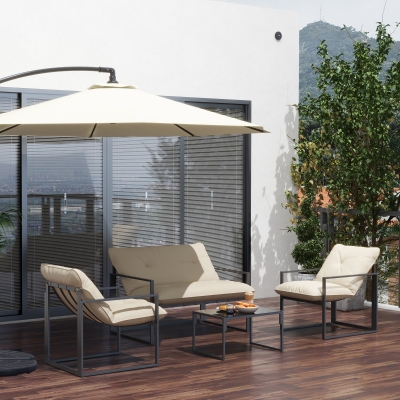 Outsunny 4 Piece Outdoor Furniture Set, Patio Conversation Set with Tempered Glass Table, Loveseat, 2 Chairs and Cushions, Beige