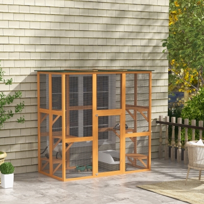 PawHut 71" x 39" x 71" Cat Cage, Large Outdoor Wooden Cat Patio with 6 Balanced Platforms and Asphalt Roof, Orange