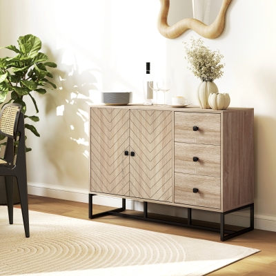 HOMCOM Modern Sideboard, 42.5" Buffet Cabinet with Adjustable Shelves and 3 Drawers, Coffee Bar Cabinet with 2 Doors, Oak