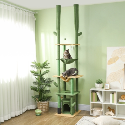 PawHut 89"-100" Floor to Ceiling Cat Tree Cat Tower for Large Cats w/ Scratching Posts, Grooming Brush Post, Cat Condo, Green
