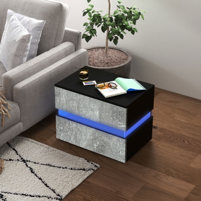 HOMCOM Modern Nightstand, Bedside Table with 2 Drawers, USB Powered RGB LED Lights, Remote for Bedroom, Grey