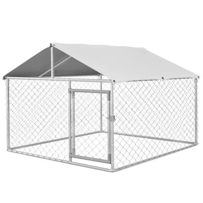 PawHut 6.6' x 6.6' x 4.9' Outdoor Dog Kennel Heavy Duty Galvanized Steel Chain Link with UV-resistant Roof, Silver