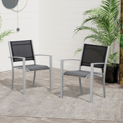 Outsunny Set of 2 Patio Dining Chair Outdoor Mesh Seat Heavy Duty Stackable Garden Bistro Chairs Yard Home Furniture Silver