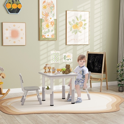 Qaba 3 Pieces Toddler Table and Chair Set, Height Adjustable Kids Table and Chair Set w/ Storage, for Playroom Grey