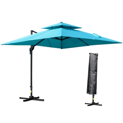 Outsunny 10' x 10' Cantilever Patio Umbrella, Double Top Square Offset Umbrella with 360° Rotation, 5 Adjustable Tilt Angles, Umbrella Cover, Aluminum Pole and Ribs, Light Blue