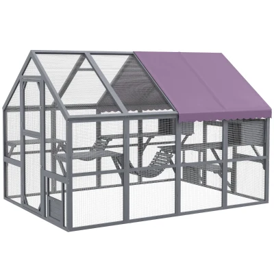 PawHut Outdoor Cat Enclosure Wooden Feral Cat House w/ Weatherproof Canopy, Bridges, Resting Boxes, Platforms, for 3-6 Cats