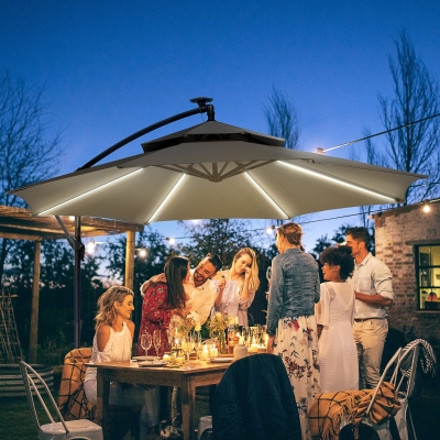 Outsunny 10FT Cantilever Patio Umbrella with Lights Solar Powered Offset Umbrella with Crank and Cross Base for Deck Light Grey