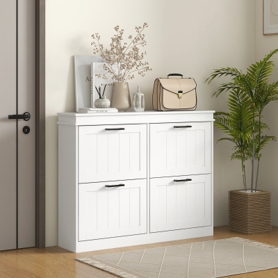 HOMCOM Shoe Storage Cabinet with 4 Flip Drawers and Adjustable Shelves, Narrow Shoe Cabinet for 20 Pairs of Shoes, White