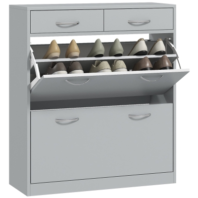 HOMCOM Narrow Shoe Storage with 2 Flip Drawers and Adjustable Shelves Shoe Organizer Cabinet for 12 Pairs of Shoes, Grey