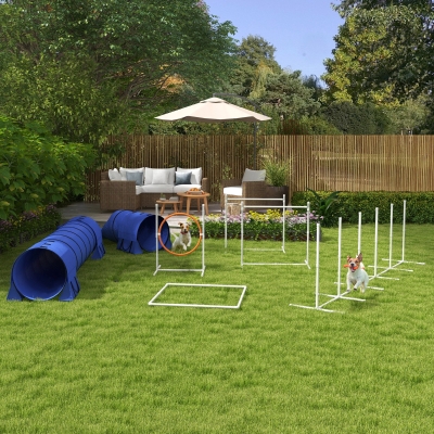PawHut 7 Pcs Dog Agility Kit w/ Tunnels, Weave Poles, Adjustable Hurdles, Jump Ring, Pause Box, Whistle, Carry Bag, Blue