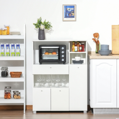 HOMCOM Compact Kitchen Pantry Cabinet Server Hutch Storage Buffet with Microwave Oven Stand Drawer and Shelves, White