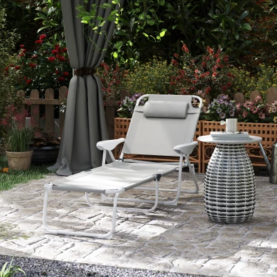 Outsunny Folding Outdoor Chaise Lounge, 4-Position Recliner, Light Gray