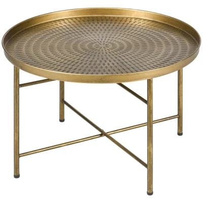 HOMCOM Vintage Coffee Table for Living Room, 24" Round Center Table with Hammered Tray Top and Metal Frame, Gold