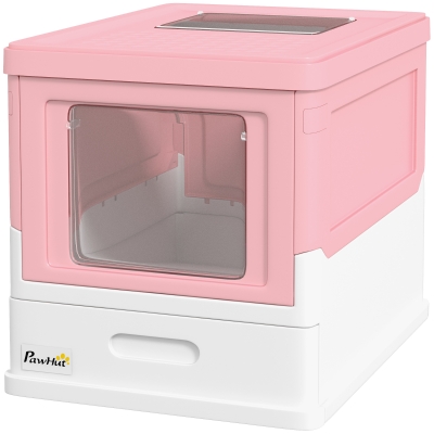 PawHut Top Entry Enclosed Kitty Litter Box with Scoop, Tray, Front Entry, Large Space, Foldable, Portable, Pink