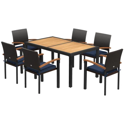 Outsunny Outdoor Dining Set 7 Pcs Space-Saving PE Rattan Patio Table and Chairs w/ Acacia Wood Table Top Soft Cushions, Black