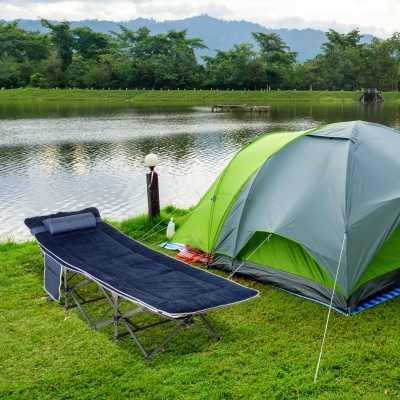 Outsunny Folding Camping Cot with Mattress & Pillow, Double Layer Oxford Heavy Duty Sleeping Cot with Carry Bag Blue