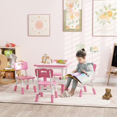 Qaba 5 Pieces Toddler Table and Chair Set, Height Adjustable Activity Table and Chair Set for Nursery Classroom, Pink