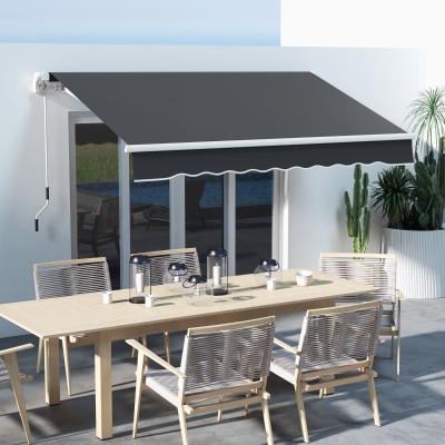 Outsunny 10' x 6.5' Manual Retractable Awning with LED Lights, Aluminum Frame Sun Canopies for Patio Door Window, Dark Grey