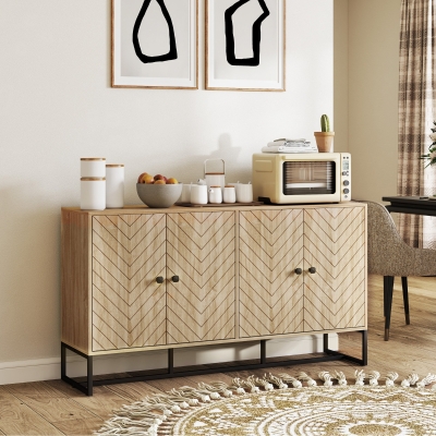 HOMCOM Sideboard Buffet Cabinet with 2 Adjustable Shelves and Steel Base, TV Stand, Coffee Bar Cabinet for Living Room, Oak