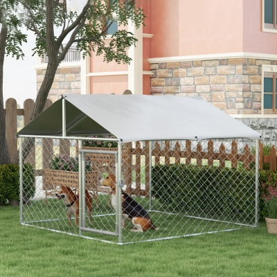 PawHut 6.6' x 6.6' x 4.9' Outdoor Dog Kennel Heavy Duty Galvanized Steel Chain Link with UV-resistant Roof, Silver