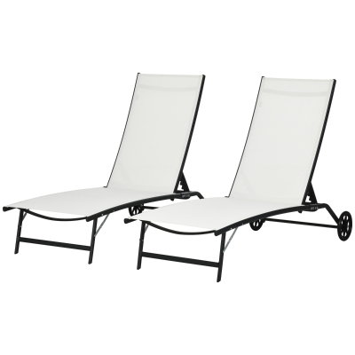 Outsunny 2PCs Lounge Chairs with Wheels, 5-Level Adjustable Backrest for Garden, Backyard, Patio, Deck, Poolside, White