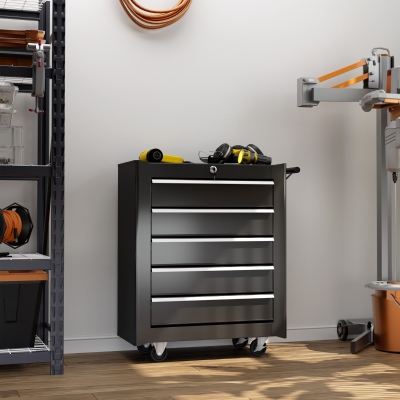 HOMCOM 5 Drawer Roller Tool Chest, Mobile Lockable Toolbox, Storage Organizer with Handle for Workshop Mechanics Garage, Black
