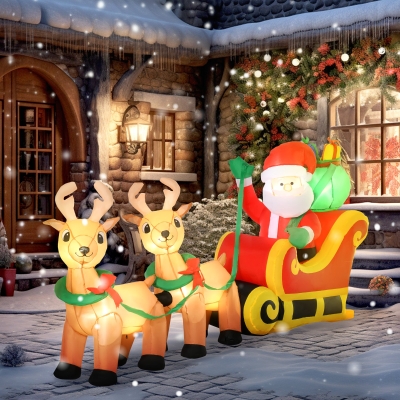 HOMCOM 8ft Christmas Inflatables Santa Claus with Sleigh and Reindeer, Outdoor Decoration with LED Lights Display