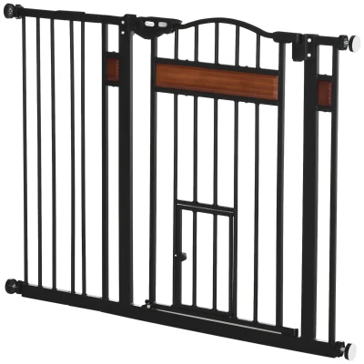 PawHut 29.1''-41.3'' Extra Wide Dog Gate with Cat Door, Stair Pressure Fit, Auto Close, Double Locking, for Doorways, Hallways