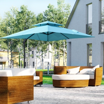 Outsunny 10' x 10' Cantilever Patio Umbrella, Double Top Square Offset Umbrella with 360° Rotation, 5 Adjustable Tilt Angles, Umbrella Cover, Aluminum Pole and Ribs, Light Blue