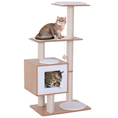 PawHut 47" Wood Cat Tree, Kitty Scratching Post, Kitten House, Condo Activity Center w/ Cushions, Pet Furniture